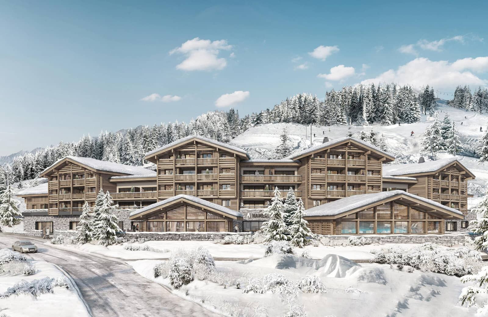 Ski-in, ski-out timber chalet with balconies and indoor pool complex