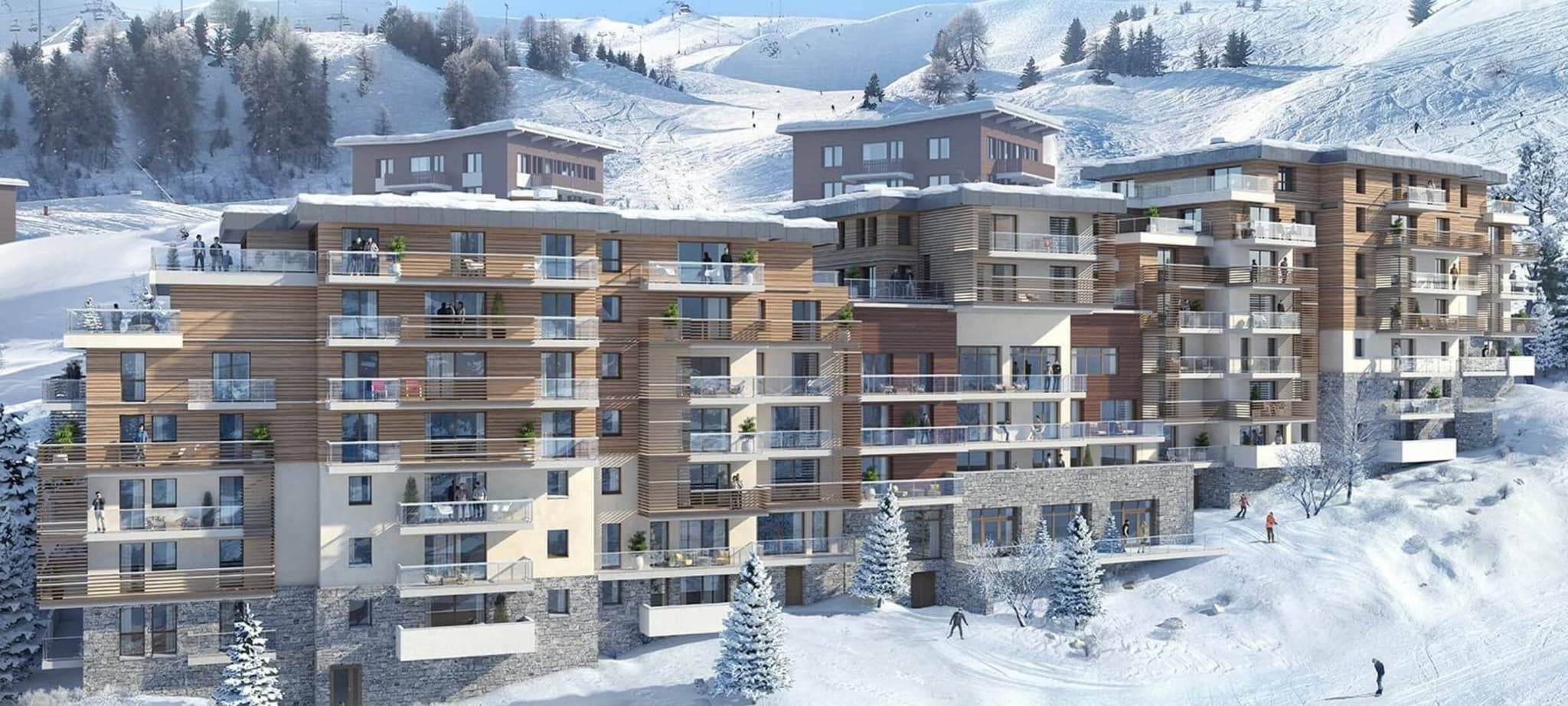 Ski-in/ski-out apartment complex with private balconies and mountain views