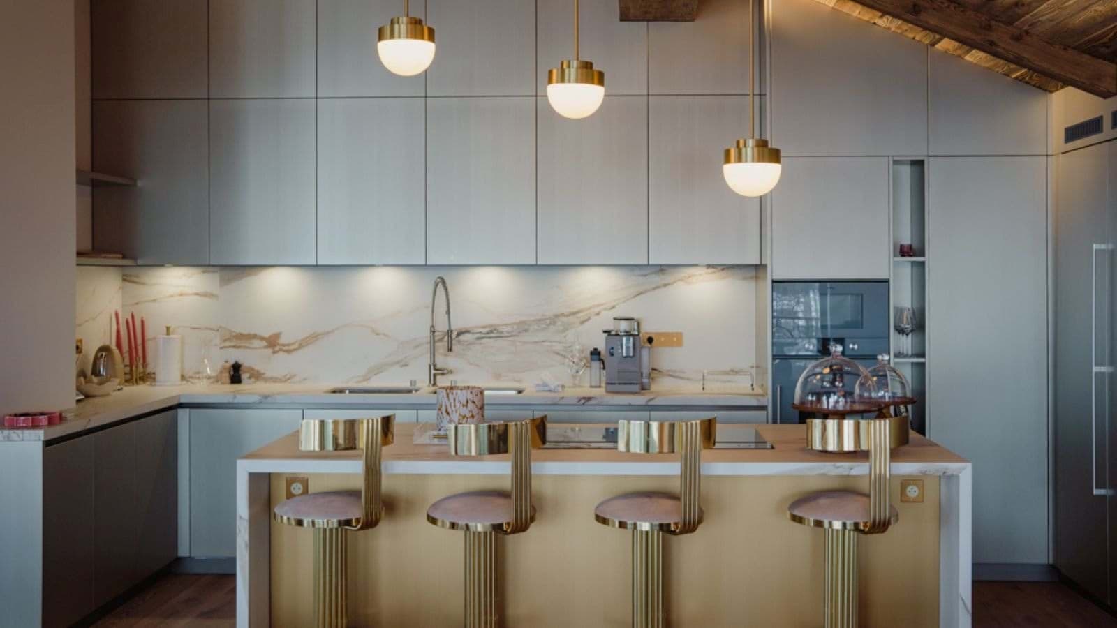 Kitchen island with bar seating for 4 and integrated espresso machine
