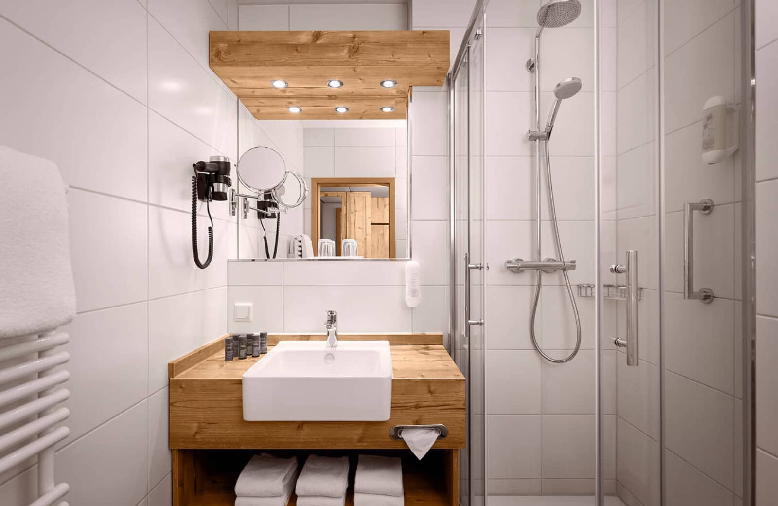Bathroom with walk-in shower and heated towel rack