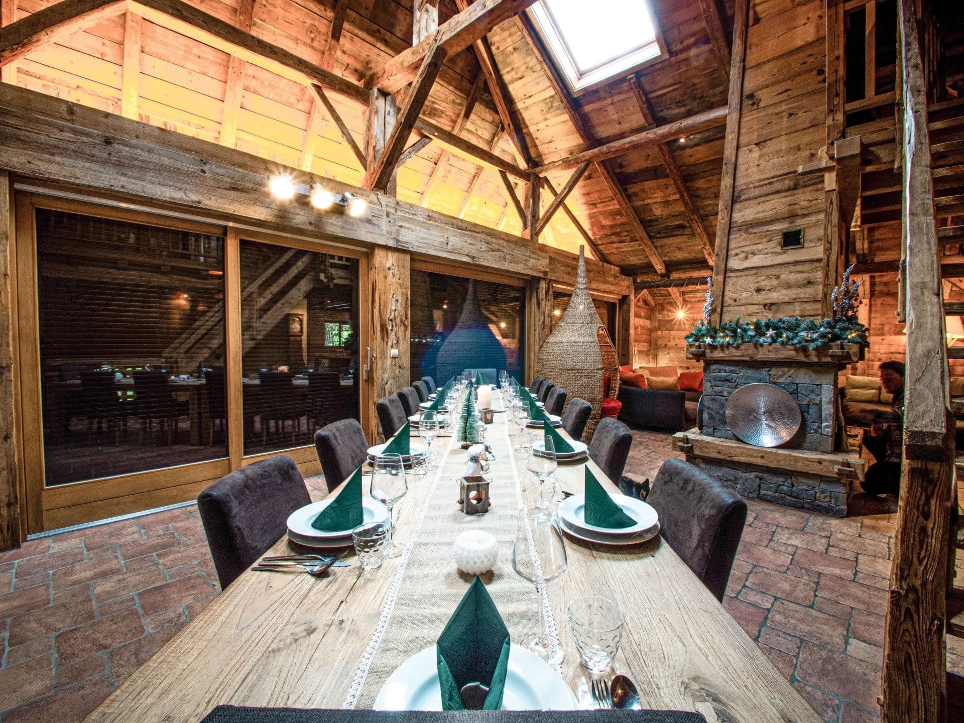 Dining hall seats 12; soaring timber beams and fireplace