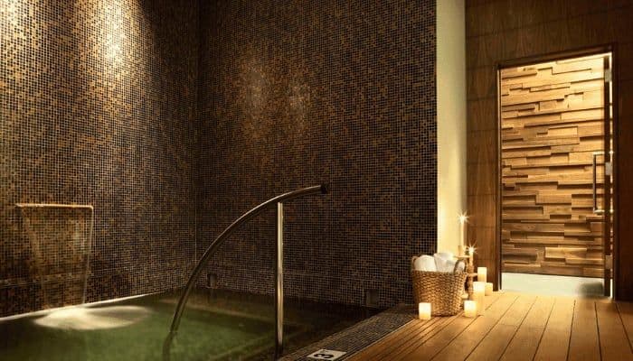 Indoor plunge pool with mosaic tile and adjoining wood-paneled sauna