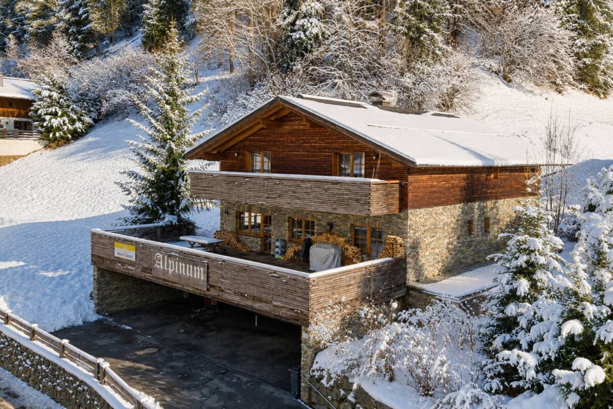 Alpine lodge exterior with stone base, wood siding, and creek-side location